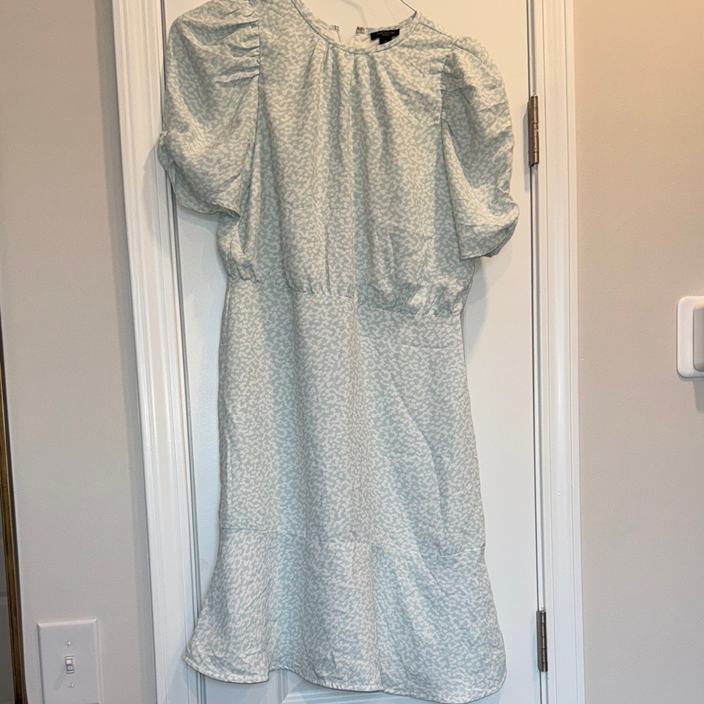 Elegant White/Aqua Puff Sleeve Dress